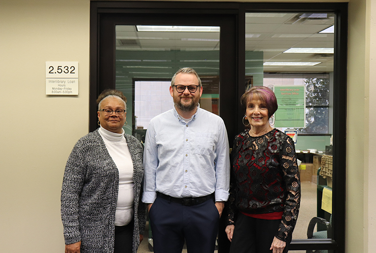 McDermott Library's Interlibrary Loan team from left to right: Sharon, Travis, and Sheila